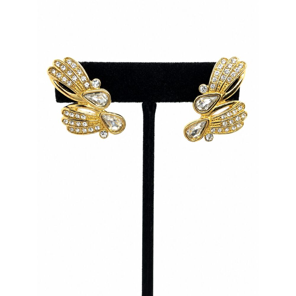 VINTAGE MONET EARRINGS Rhinestone Wing Gold Tone Statement Pierced